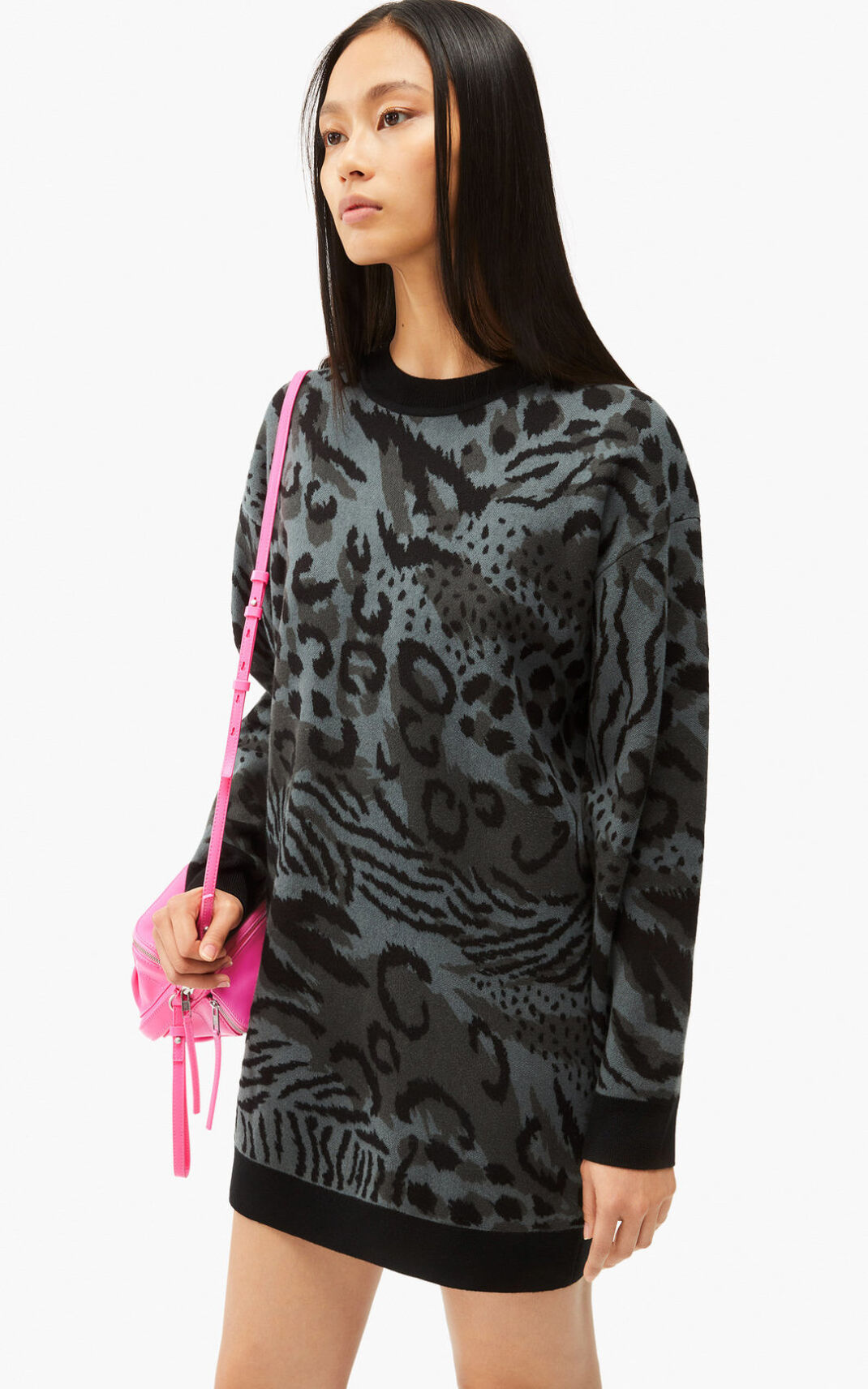 Kenzo Archive Leopard merino wool sweater Elbise Bayan Gri | 7602-QYPNS